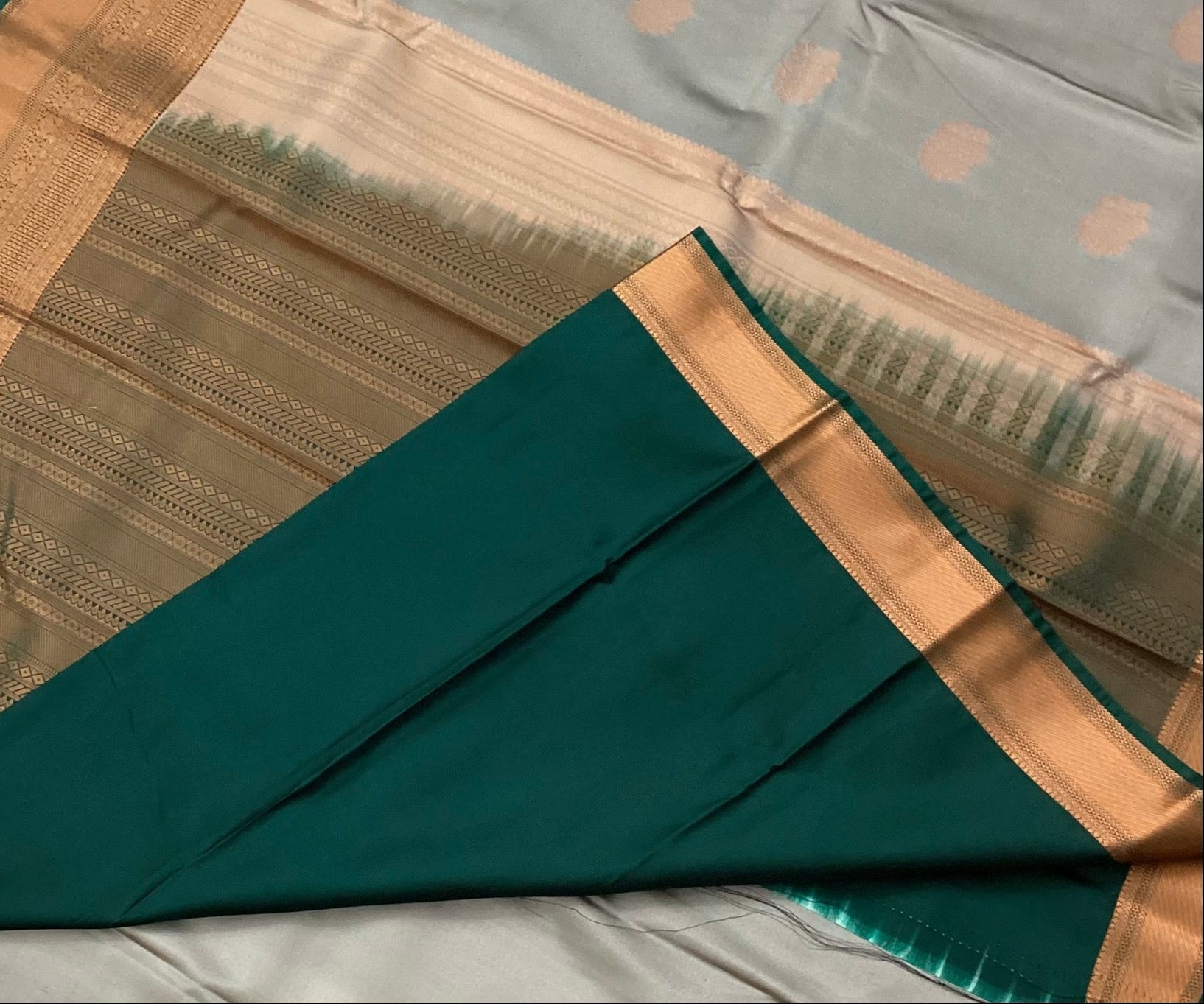 Pale Blue Silk Saree Teal Pallu Antique Gold Zari Border
