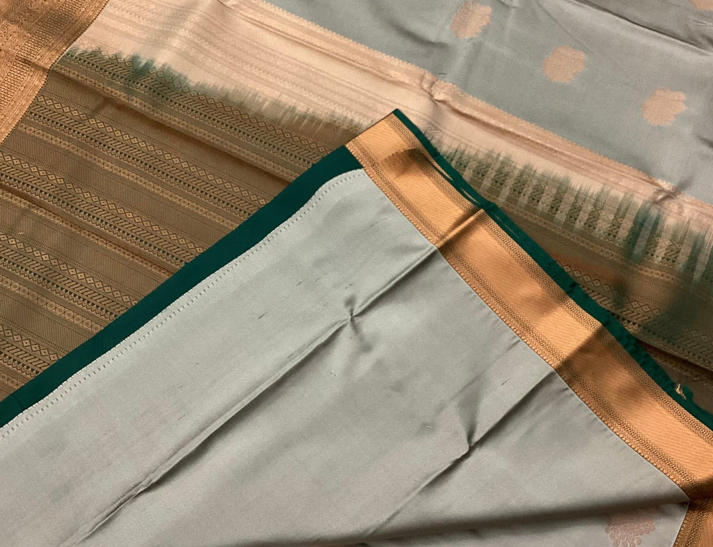 Pale Blue Silk Saree Teal Pallu Antique Gold Zari Border