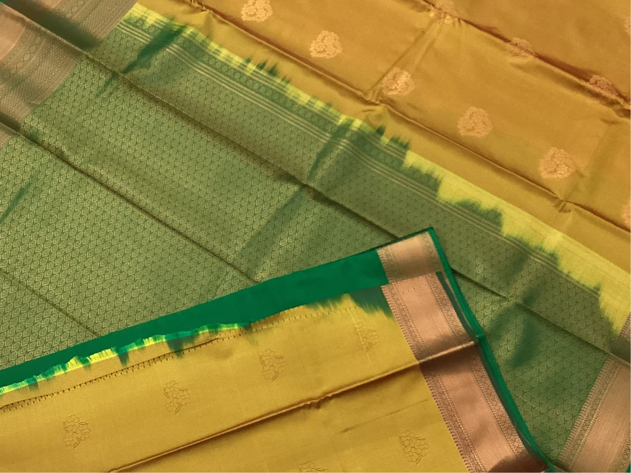 Mustard Gold Silk Saree With Emerald Pallu And Copper Zari