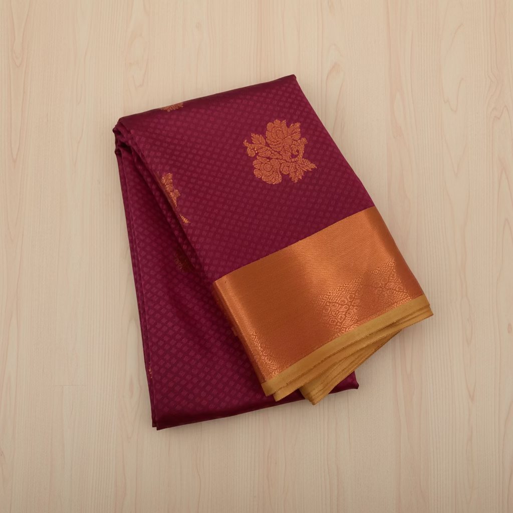 Teal Magenta Silk Saree Gold Buta Copper Zari Border Traditional