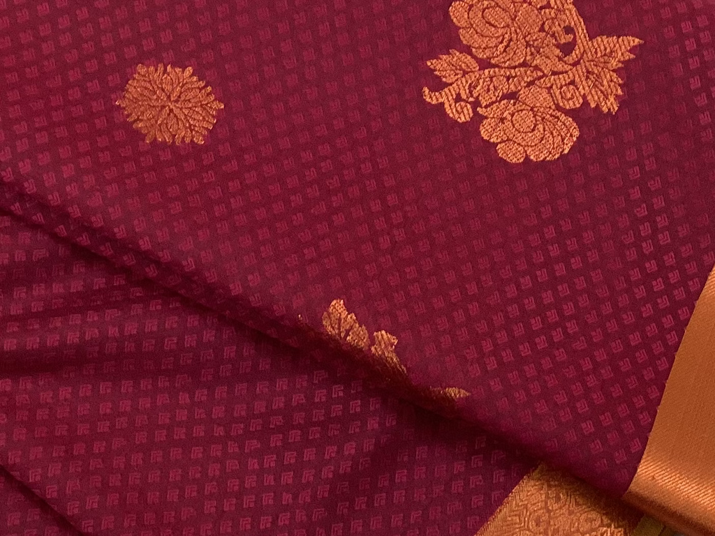 Teal Magenta Silk Saree Gold Buta Copper Zari Border Traditional