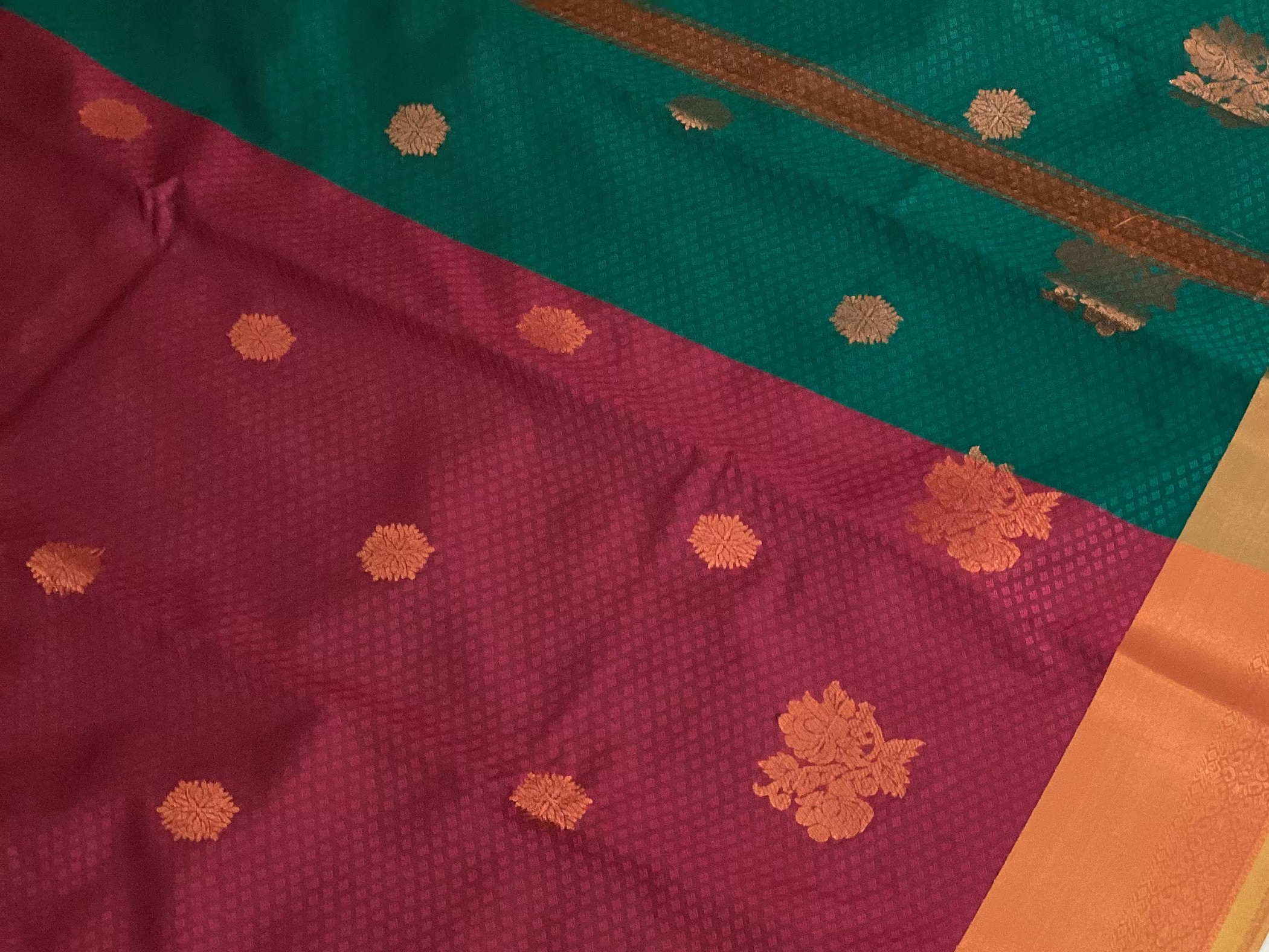 Teal Magenta Silk Saree Gold Buta Copper Zari Border Traditional