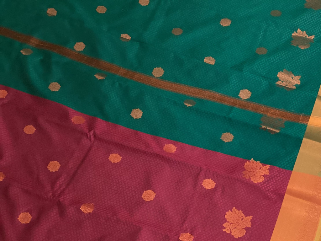 Teal Magenta Silk Saree Gold Buta Copper Zari Border Traditional