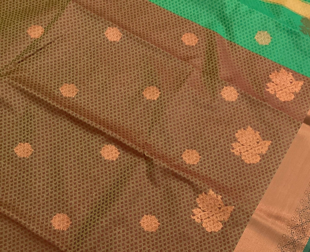 Emerald Green Rust Brown Silk Saree Gold Zari Floral Buttas