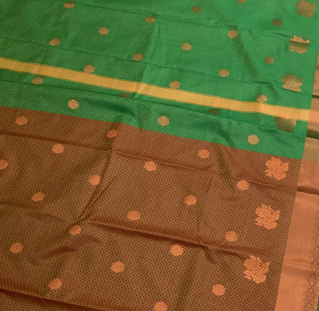 Emerald Green Rust Brown Silk Saree Gold Zari Floral Buttas
