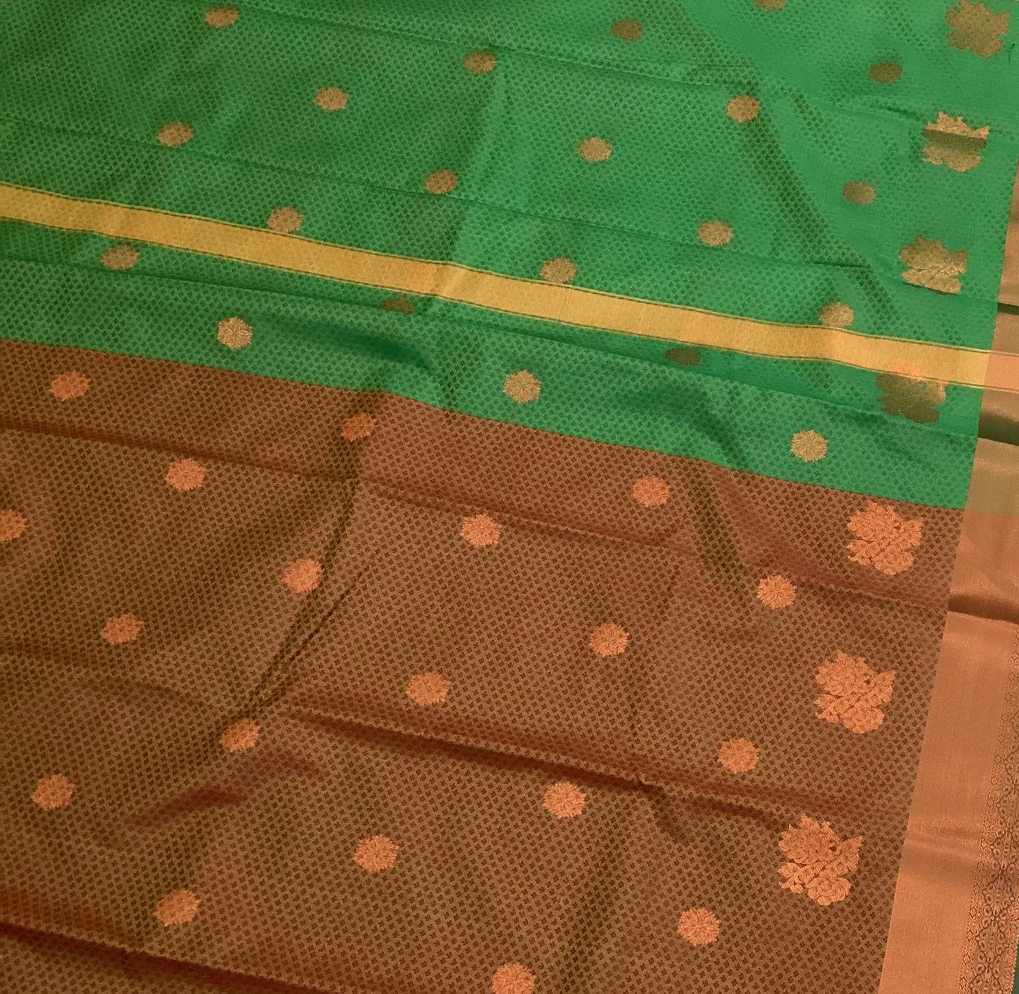 Emerald Green Rust Brown Silk Saree Gold Zari Floral Buttas