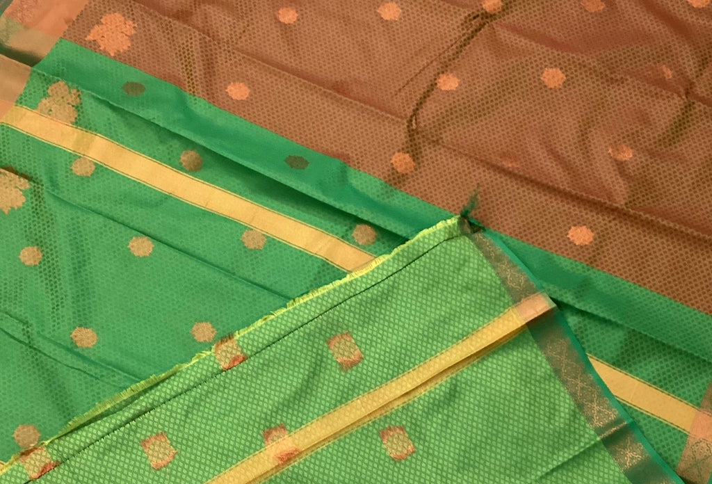 Emerald Green Rust Brown Silk Saree Gold Zari Floral Buttas