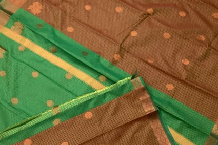 Emerald Green Rust Brown Silk Saree Gold Zari Floral Buttas