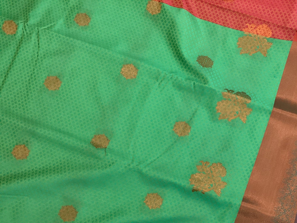 Teal Green Silk Saree Coral Red Pallu Gold Zari Border