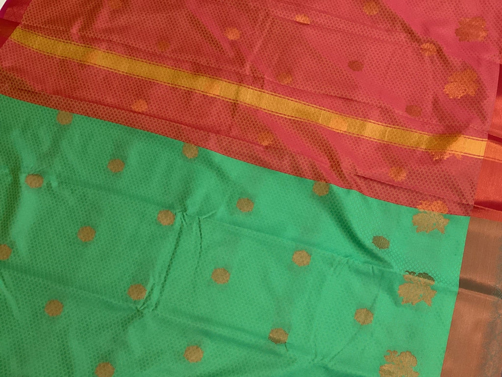 Teal Green Silk Saree Coral Red Pallu Gold Zari Border
