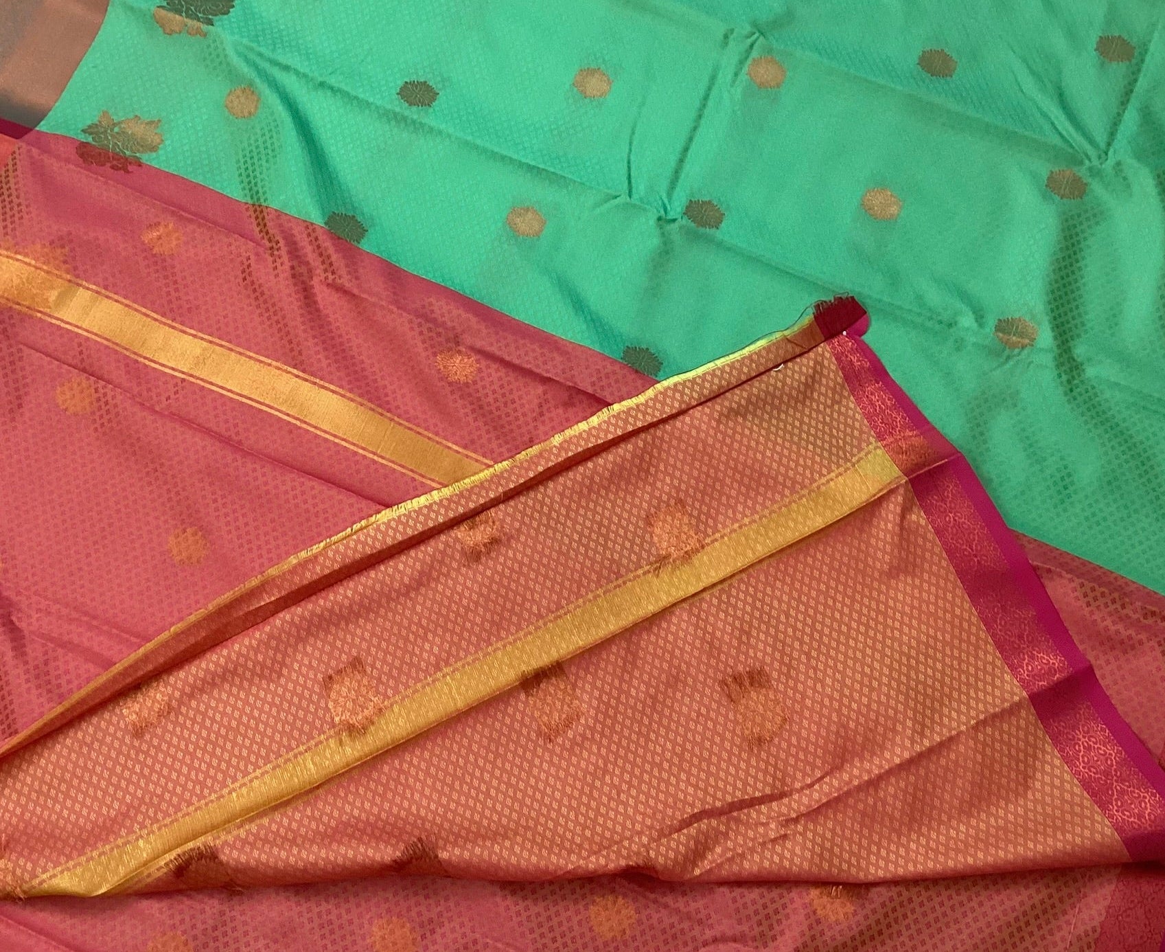 Teal Green Silk Saree Coral Red Pallu Gold Zari Border