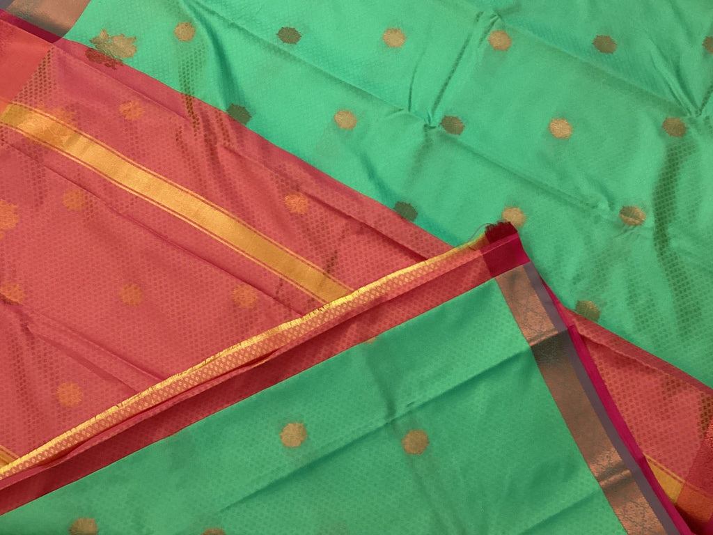 Teal Green Silk Saree Coral Red Pallu Gold Zari Border