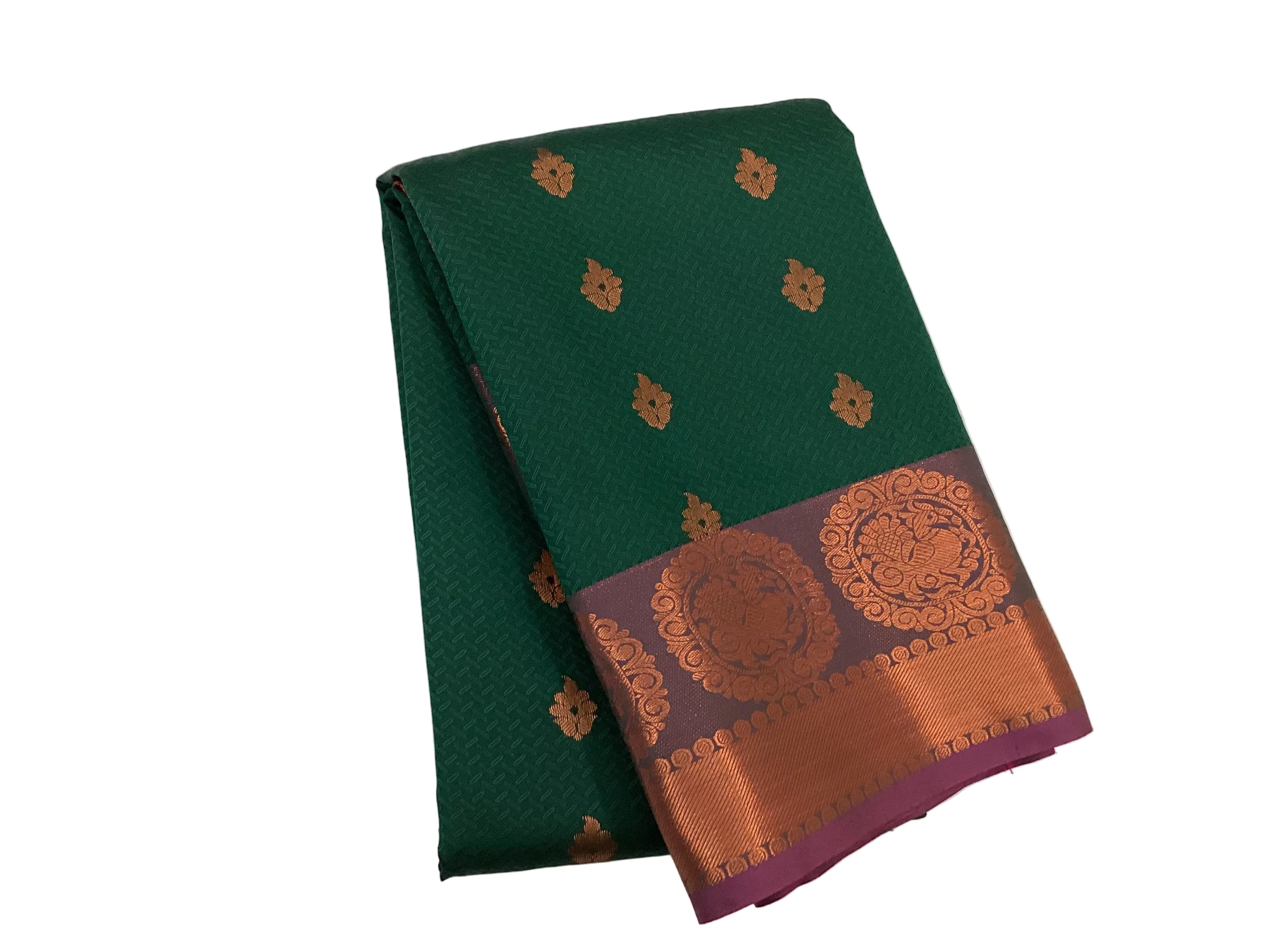 Deep Green Magenta Zari Silk Saree With Copper Pallu Border