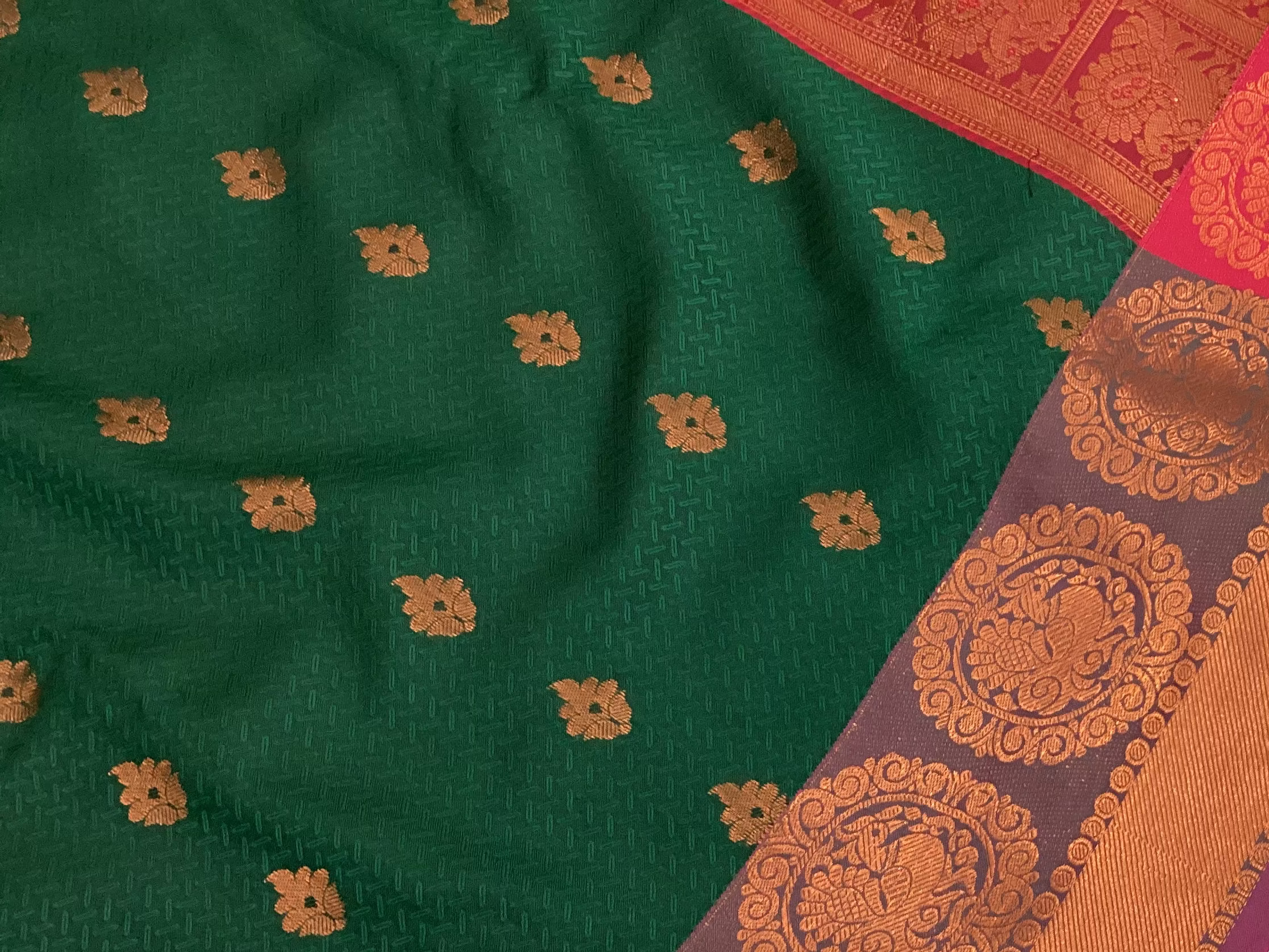 Deep Green Magenta Zari Silk Saree With Copper Pallu Border