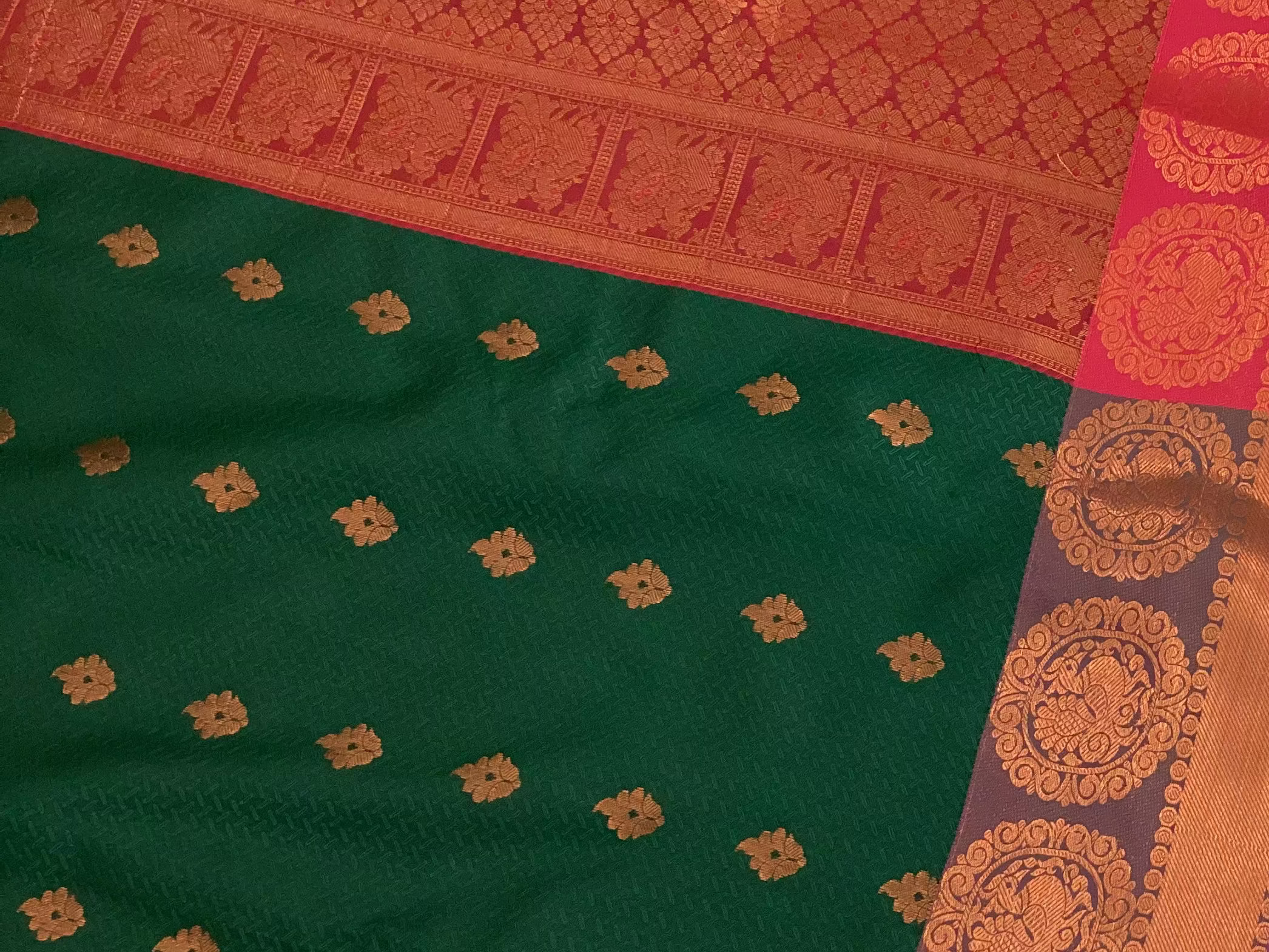 Deep Green Magenta Zari Silk Saree With Copper Pallu Border