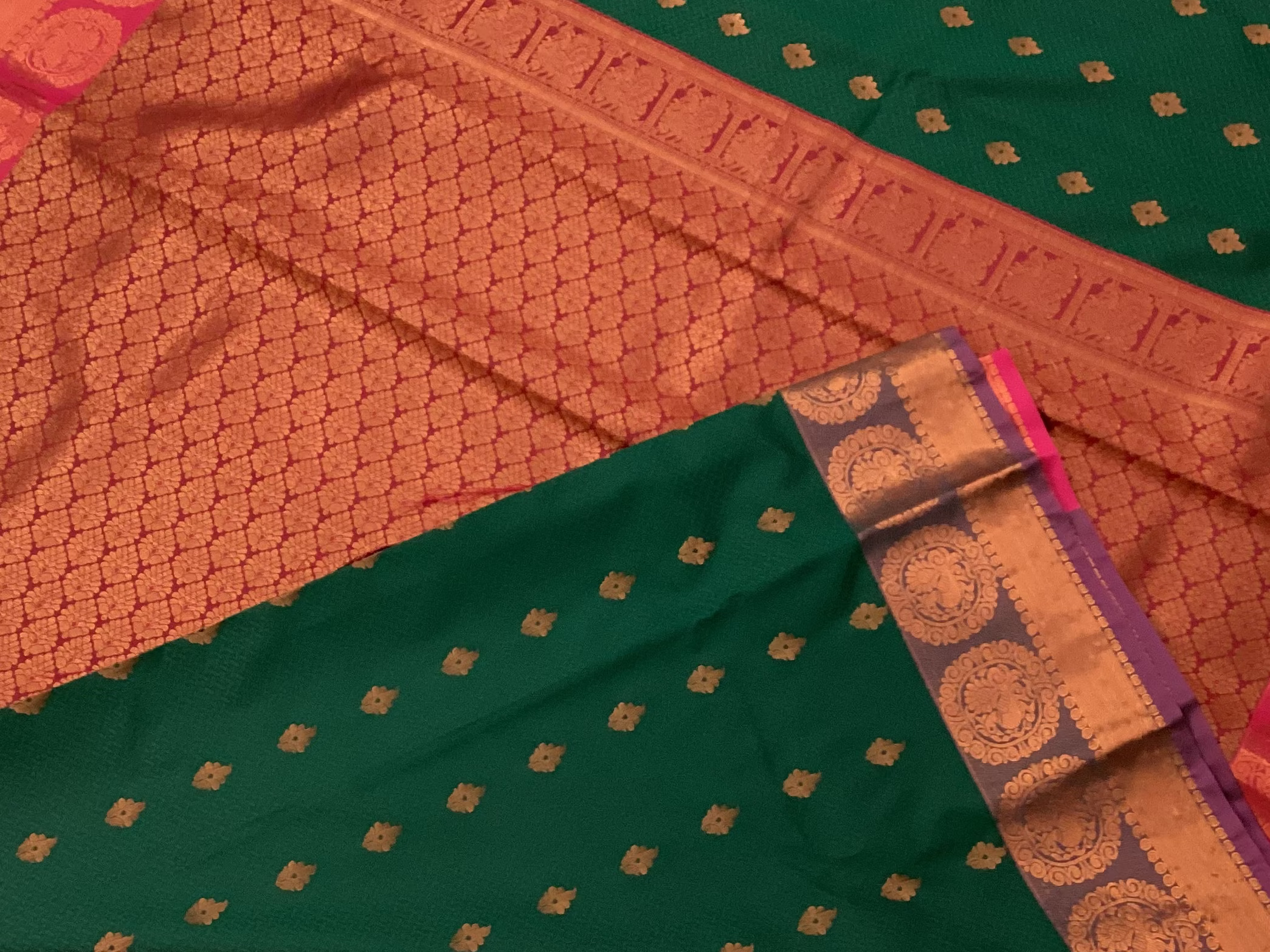 Deep Green Magenta Zari Silk Saree With Copper Pallu Border