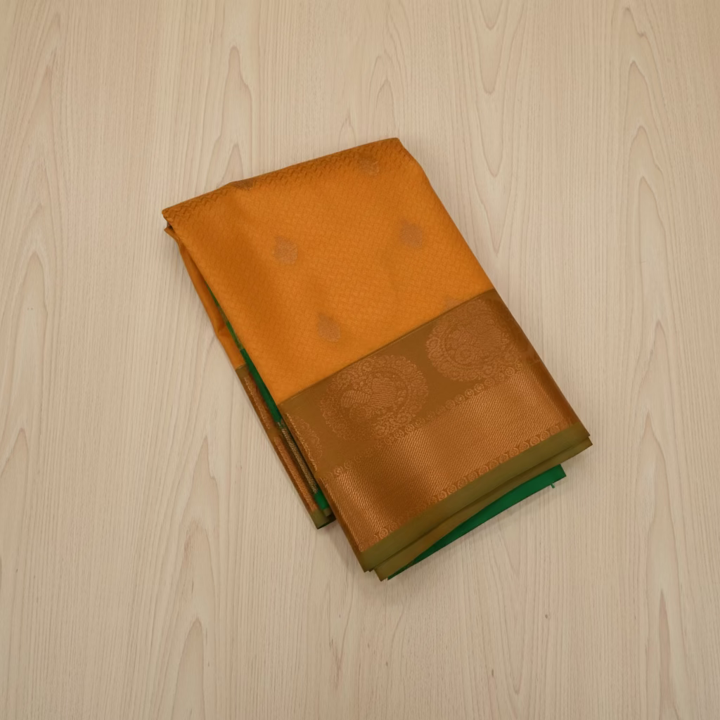 Saffron Orange Silk Saree Emerald Green Zari Pallu Festive Wedding