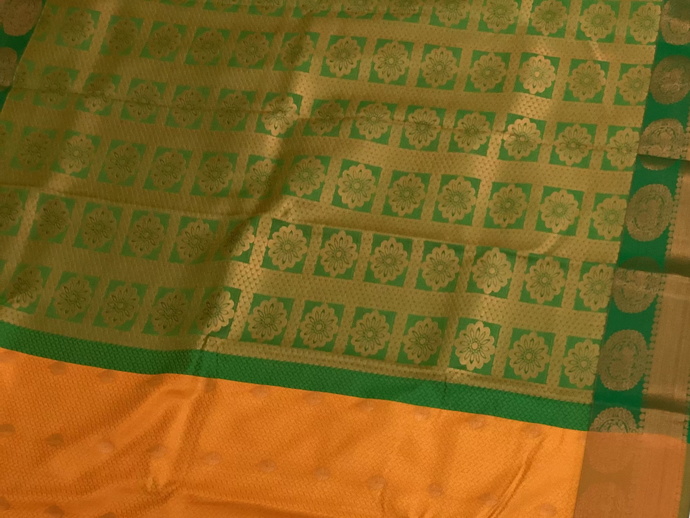 Saffron Orange Silk Saree Emerald Green Zari Pallu Festive Wedding