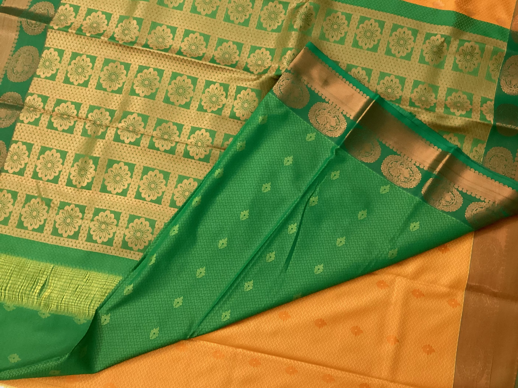 Saffron Orange Silk Saree Emerald Green Zari Pallu Festive Wedding