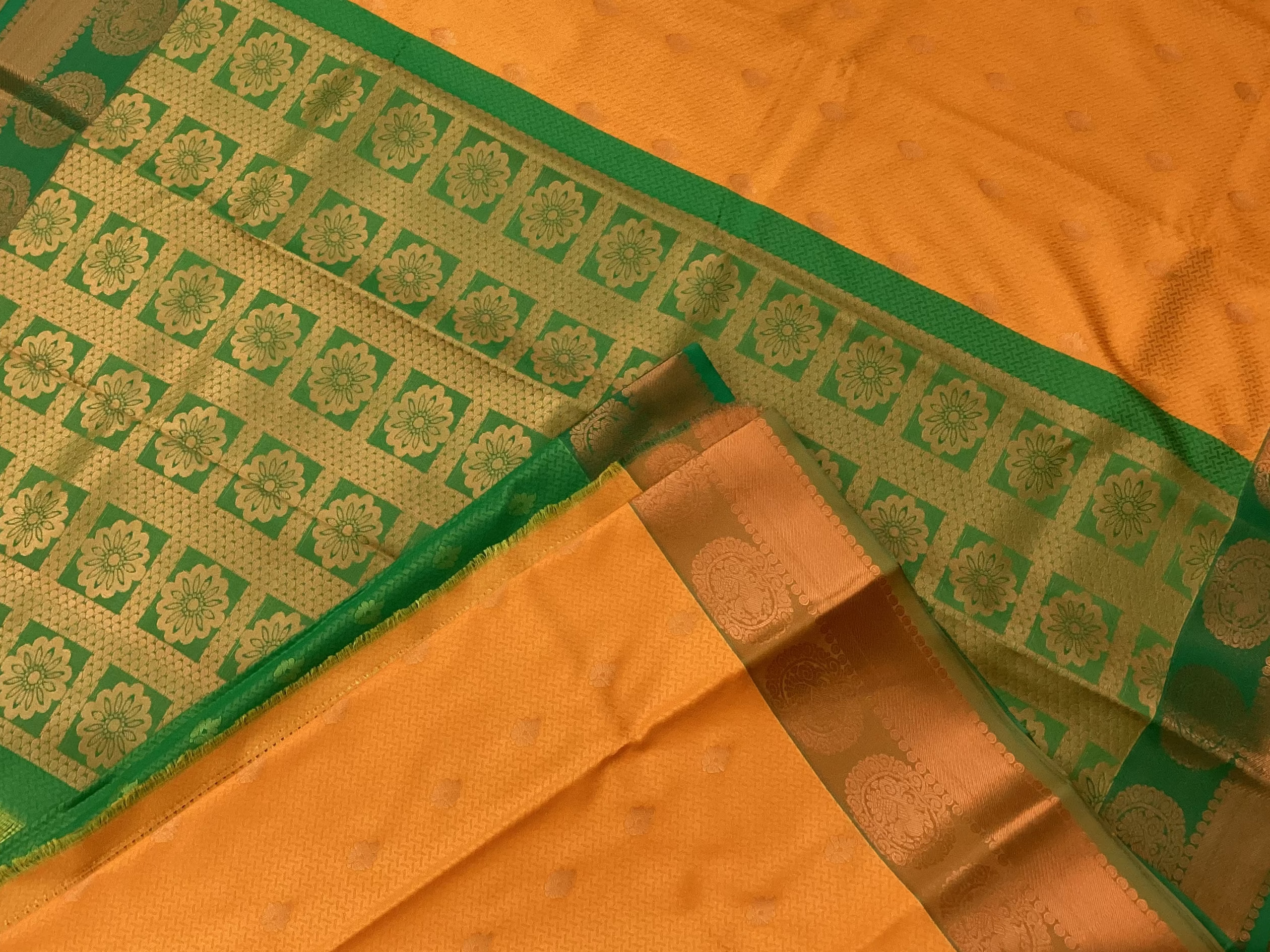 Saffron Orange Silk Saree Emerald Green Zari Pallu Festive Wedding