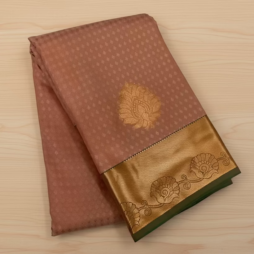 Salmon Pink Teal Silk Saree Antique Gold Border Buti Motifs