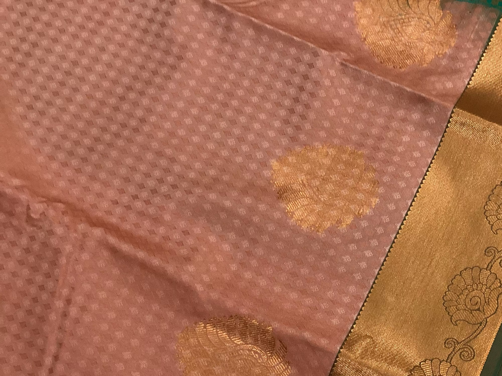 Salmon Pink Teal Silk Saree Antique Gold Border Buti Motifs