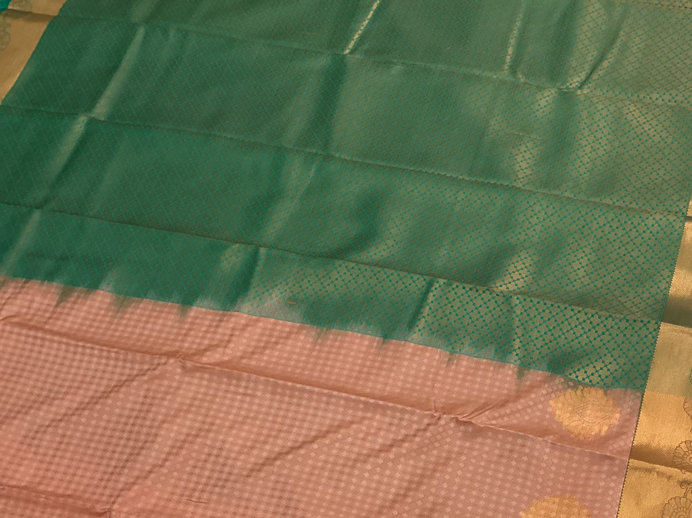 Salmon Pink Teal Silk Saree Antique Gold Border Buti Motifs