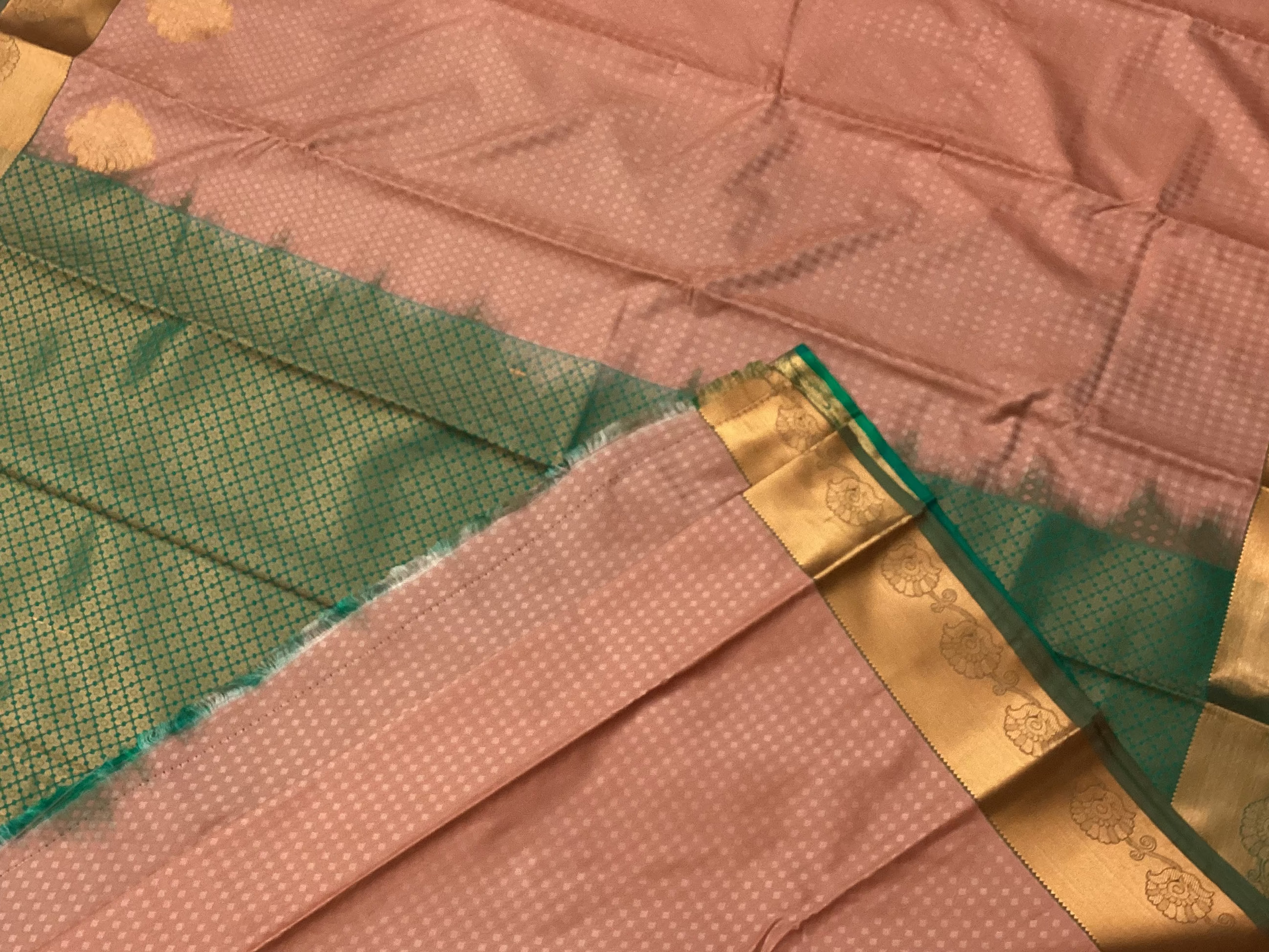 Salmon Pink Teal Silk Saree Antique Gold Border Buti Motifs