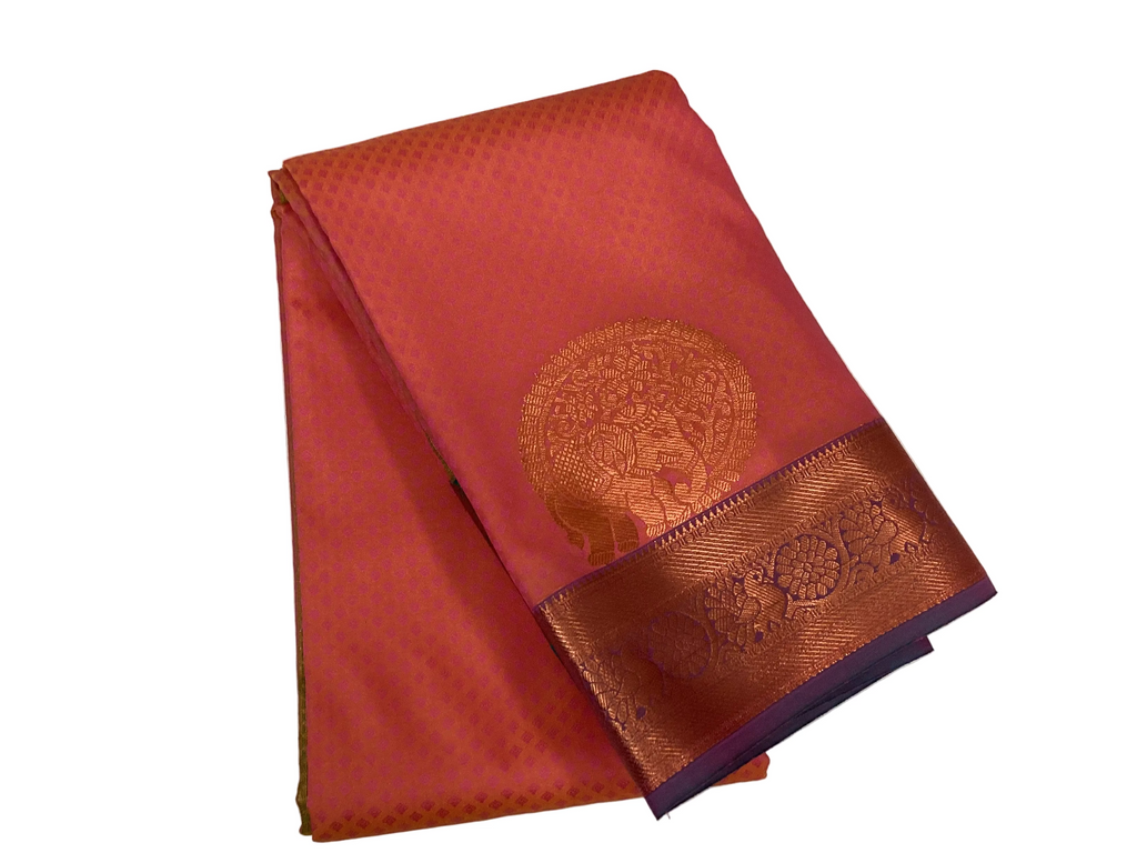 Coral Pink Silk Saree with Teal Pallu and Antique Zari