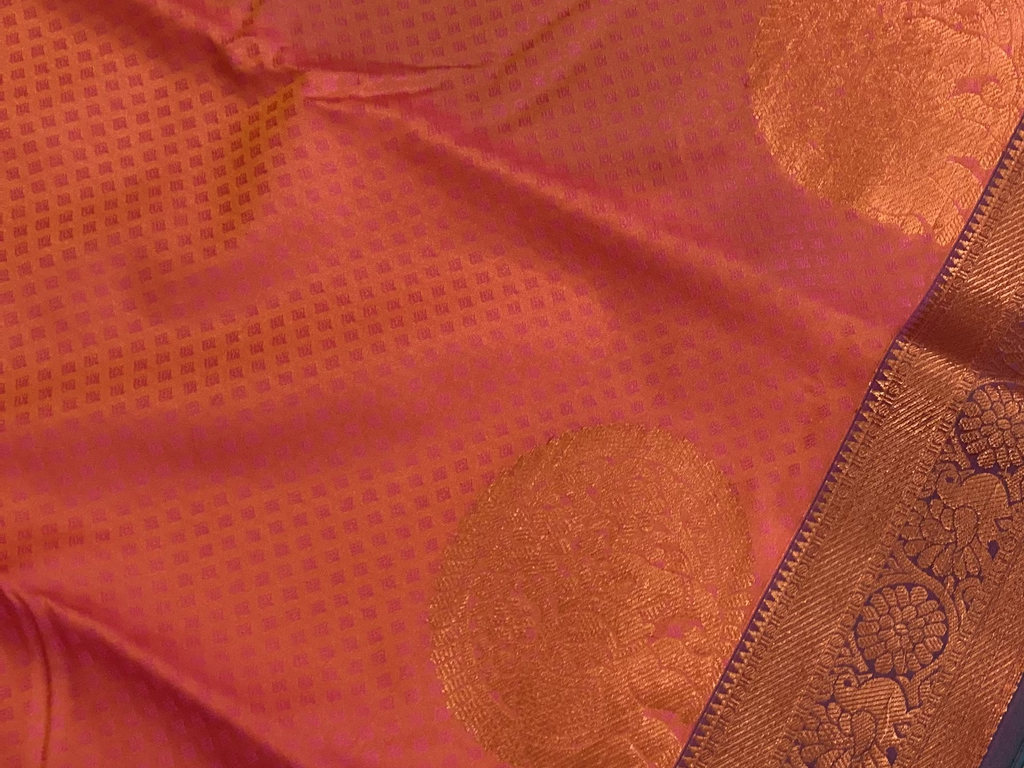 Coral Pink Silk Saree with Teal Pallu and Antique Zari