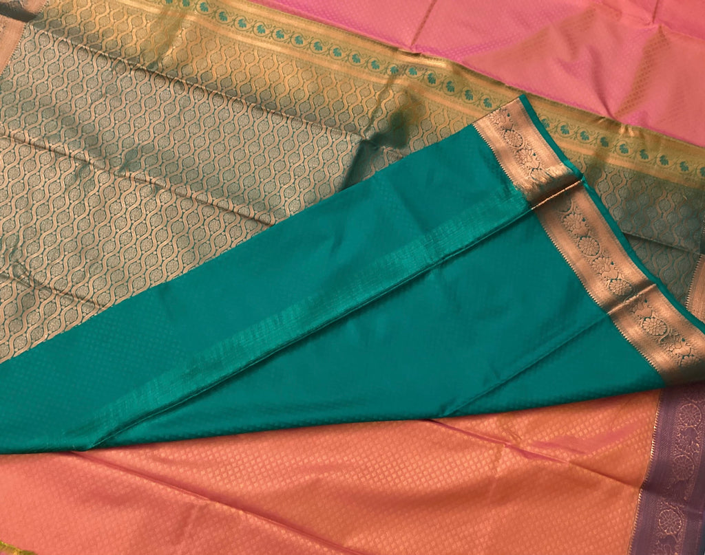 Coral Pink Silk Saree with Teal Pallu and Antique Zari