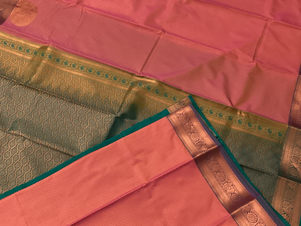 Coral Pink Silk Saree with Teal Pallu and Antique Zari