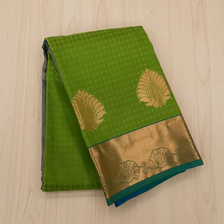 Lime Green Cobalt Blue Silk Saree Antique Gold Zari Border