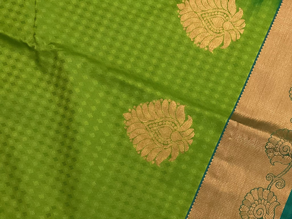 Lime Green Cobalt Blue Silk Saree Antique Gold Zari Border