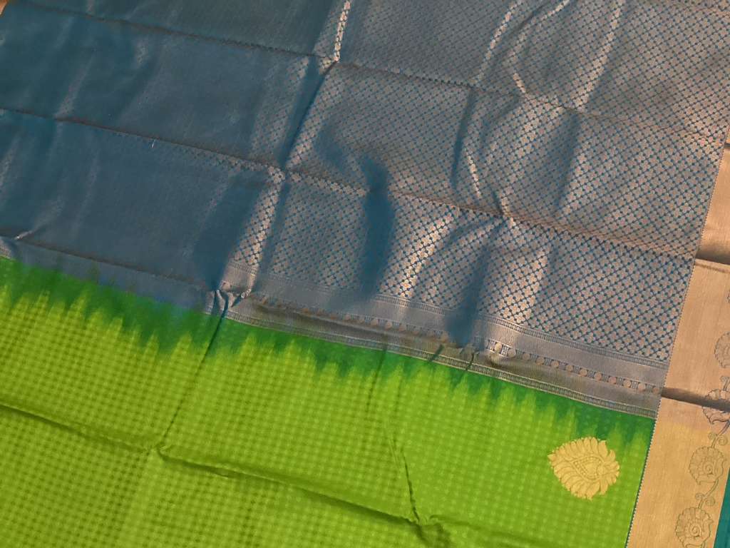 Lime Green Cobalt Blue Silk Saree Antique Gold Zari Border