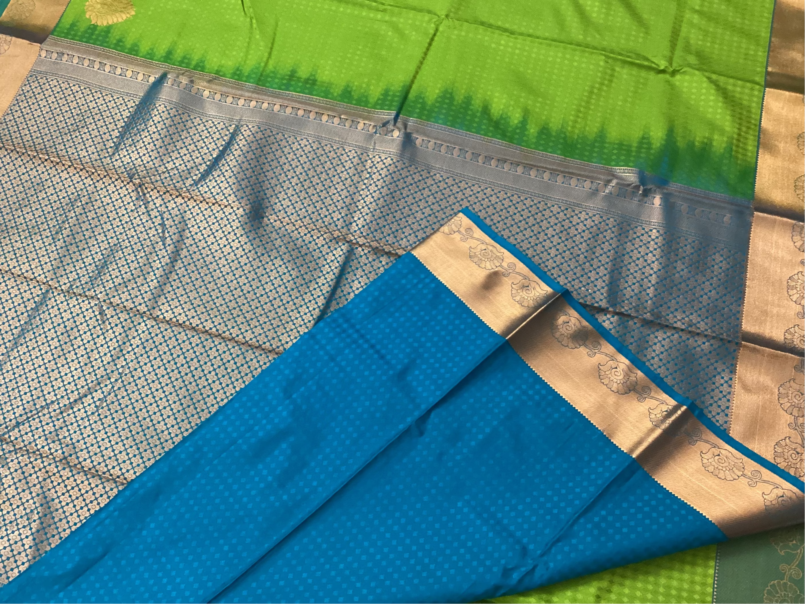 Lime Green Cobalt Blue Silk Saree Antique Gold Zari Border