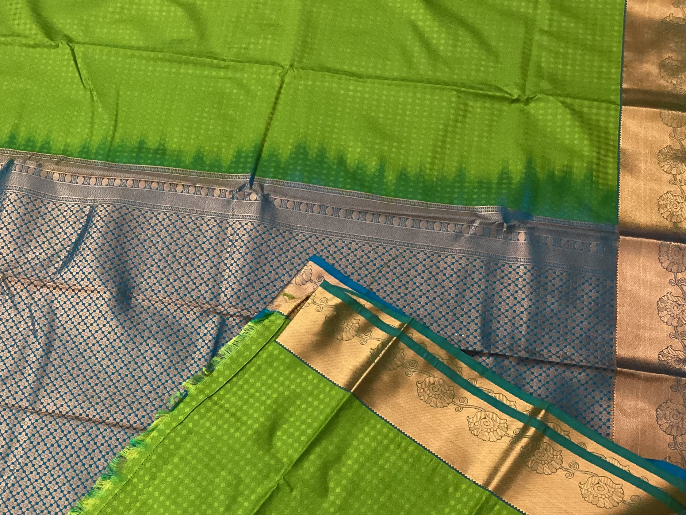 Lime Green Cobalt Blue Silk Saree Antique Gold Zari Border