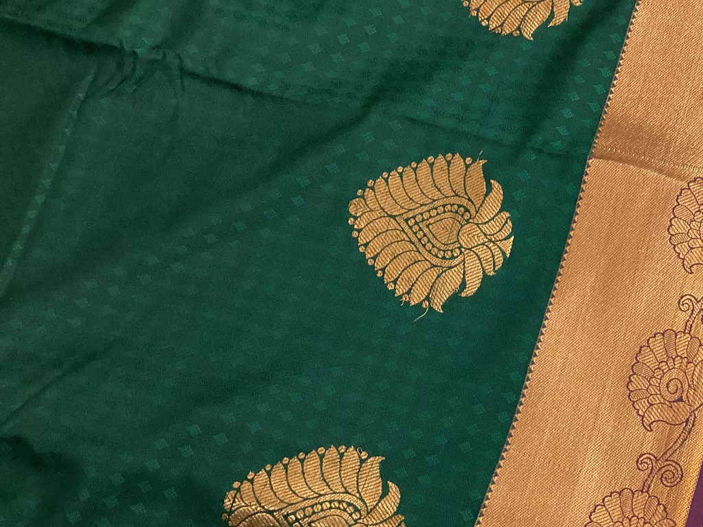 Deep Teal Silk Saree with Magenta Pallu and Copper Zari