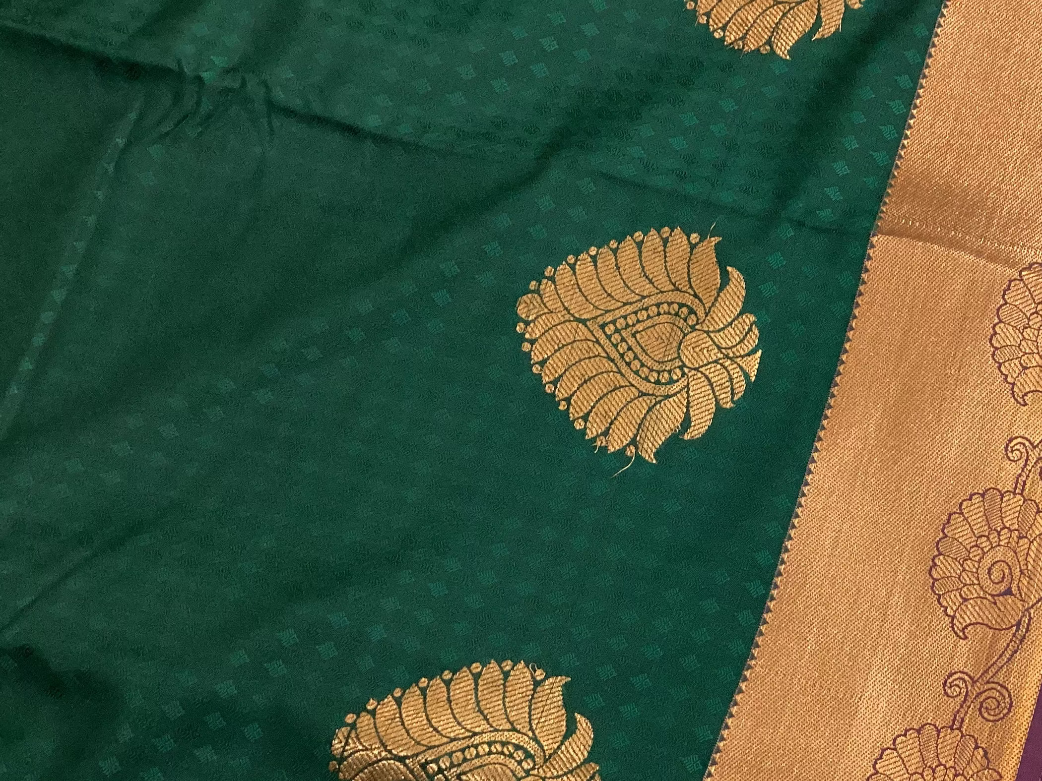 Deep Teal Silk Saree with Magenta Pallu and Copper Zari