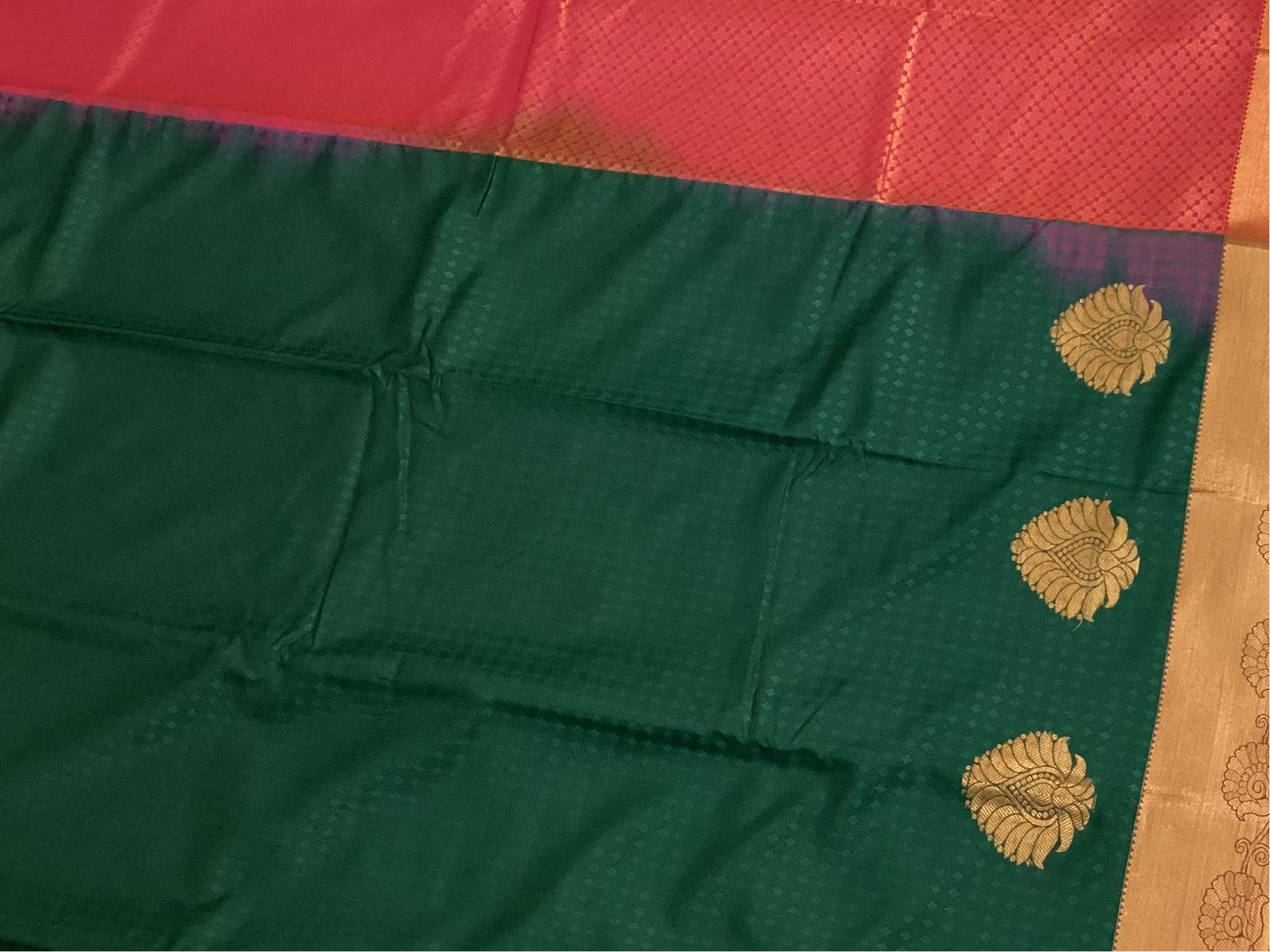 Deep Teal Silk Saree with Magenta Pallu and Copper Zari