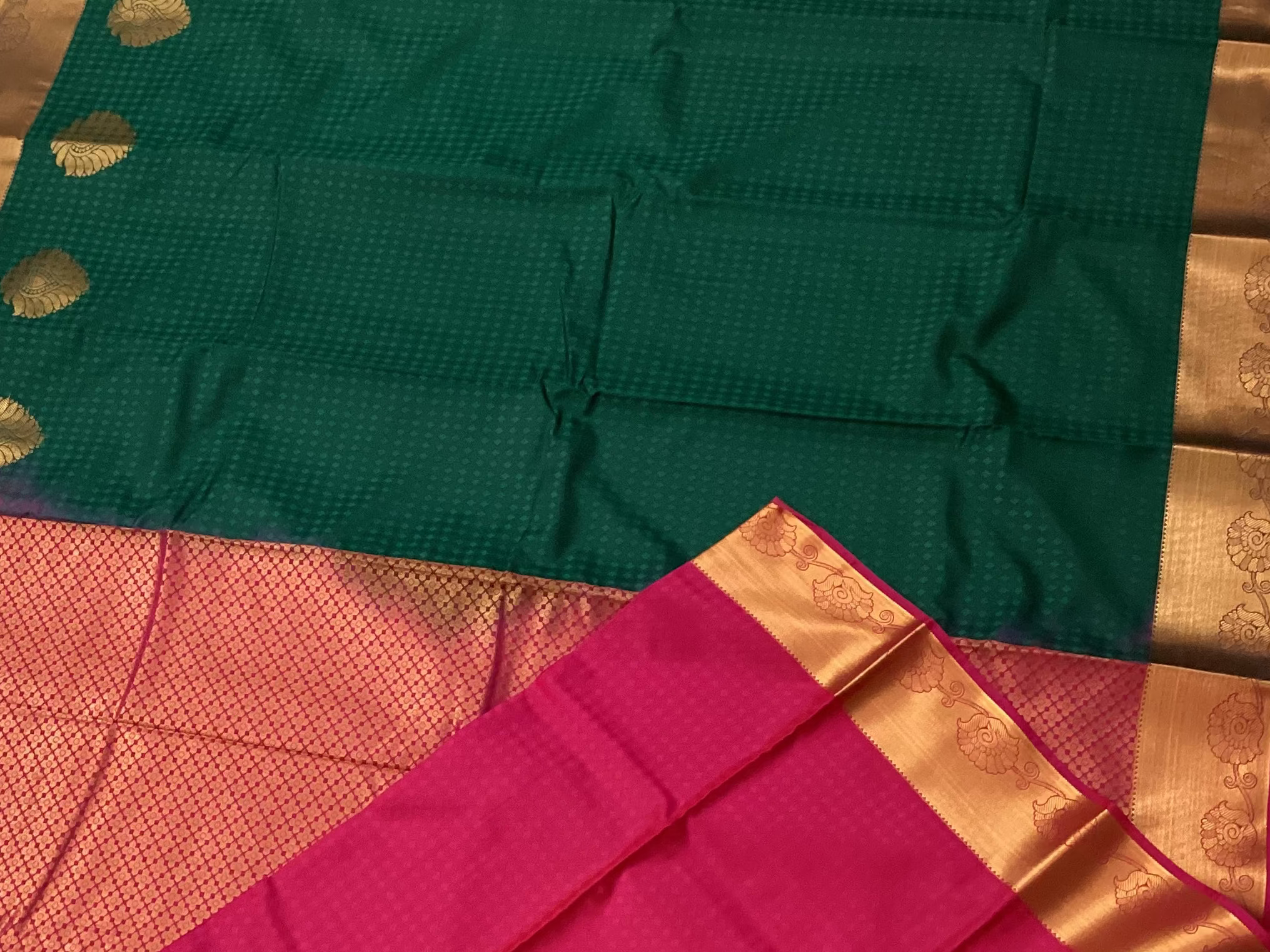 Deep Teal Silk Saree with Magenta Pallu and Copper Zari