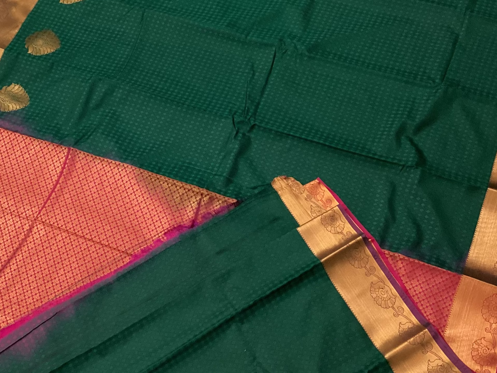 Deep Teal Silk Saree with Magenta Pallu and Copper Zari
