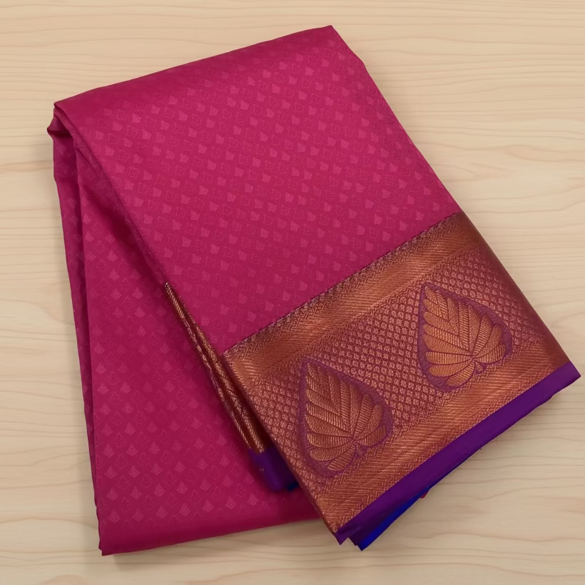 Fuchsia Cobalt Pallu Saree Copper Zari Leaf Border Elegant Classic