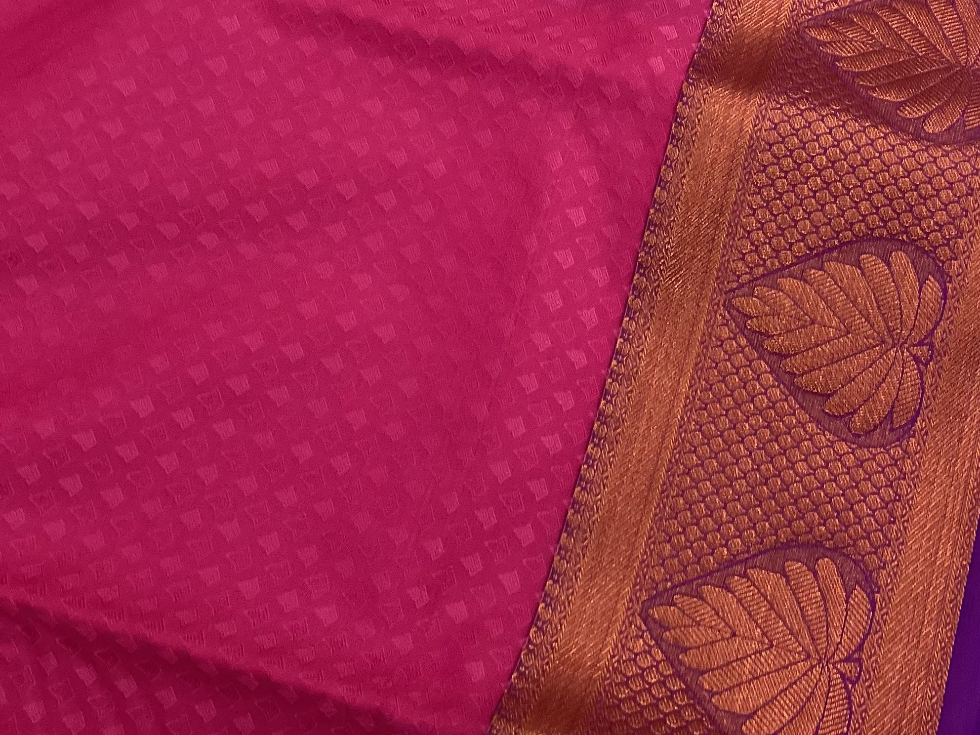 Fuchsia Cobalt Pallu Saree Copper Zari Leaf Border Elegant Classic