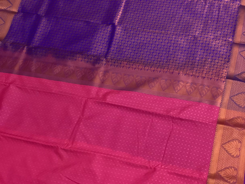 Fuchsia Cobalt Pallu Saree Copper Zari Leaf Border Elegant Classic