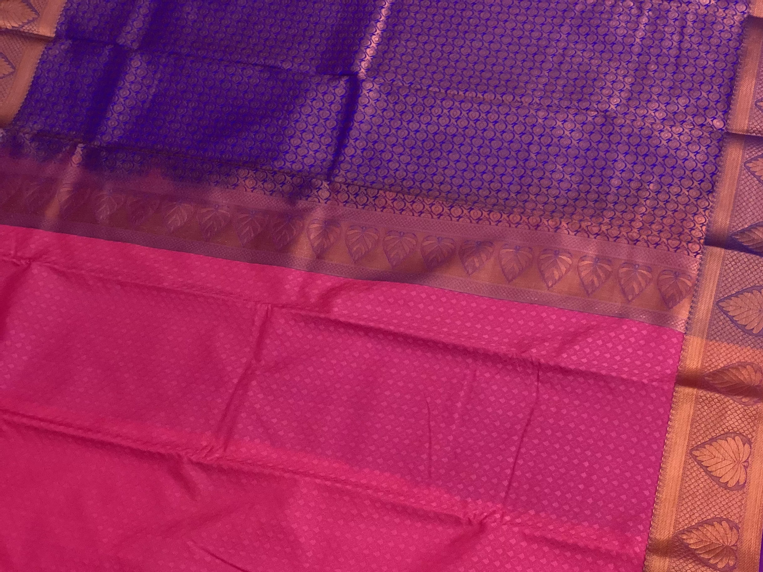 Fuchsia Cobalt Pallu Saree Copper Zari Leaf Border Elegant Classic