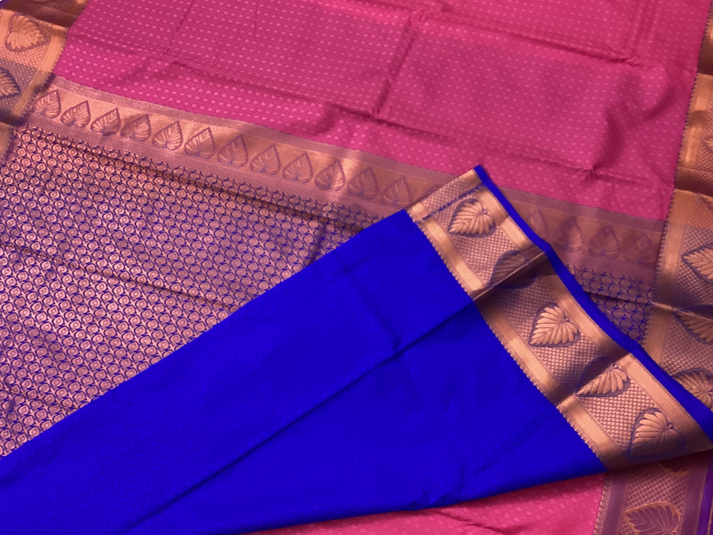 Fuchsia Cobalt Pallu Saree Copper Zari Leaf Border Elegant Classic