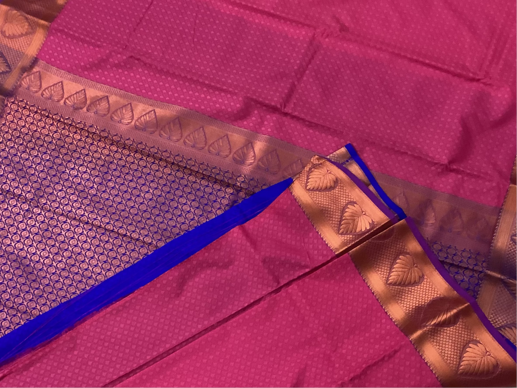 Fuchsia Cobalt Pallu Saree Copper Zari Leaf Border Elegant Classic