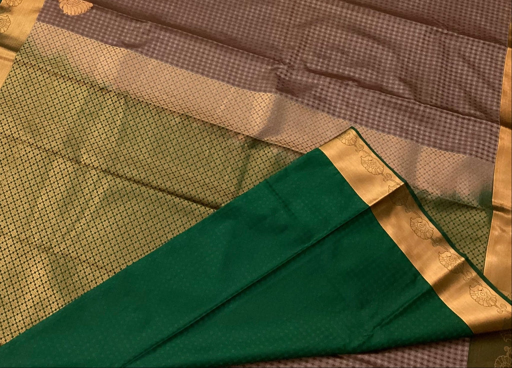 Plum Mauve Silk Saree Emerald Pallu Antique Gold Zari Border