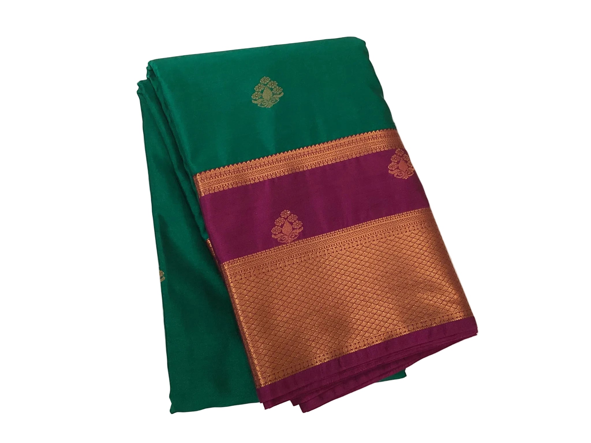 Deep Teal Magenta Silk Saree Gold Zari Broad Border Traditional